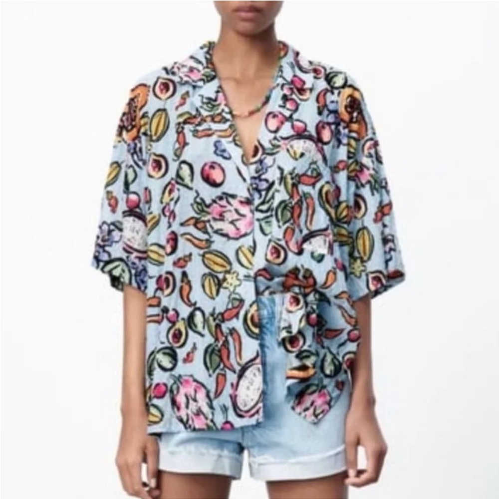 Zara - Fruit Print Oversized Button Down - Size S… - image 1